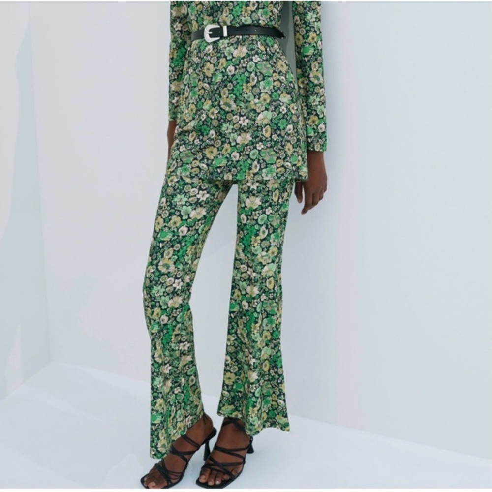 Zara Green Floral Wide-Leg Pants - Picture 3 of 8